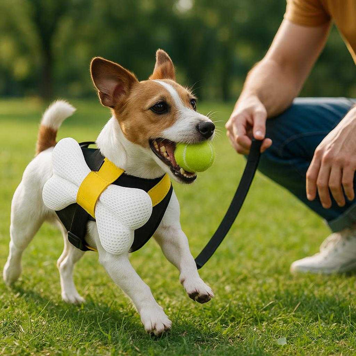 Sele i Gul - Lille Bi, Stof, Net, metal, Øget Sikkerhed, Komfortabel, Justerbar: A realistic outdoor park setting where the product is properly grounded on a soft green grassy area, being actively worn by a small dog playing fetch with its owner, with natural daylight casting realistic shadows and showing clear contact points, emphasizing the product's comfort and adjustability.