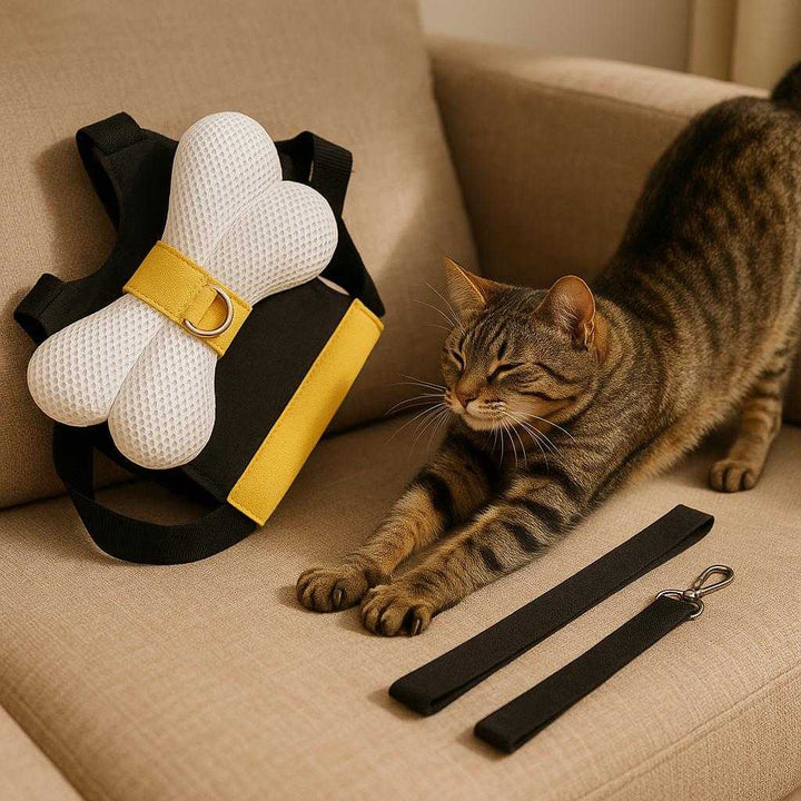 Sele i Gul - Lille Bi, Stof, Net, metal, Øget Sikkerhed, Komfortabel, Justerbar: A different realistic home setting where the product is securely positioned on a cozy couch, being naturally placed as a cat stretches beside it, with proper indoor lighting creating soft shadows and highlighting the product's increased safety features and soft fabric.