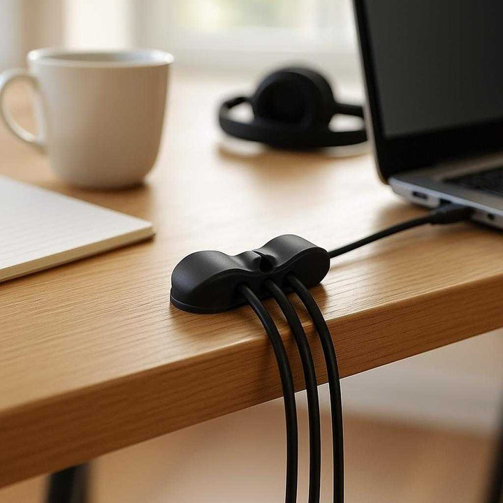 Selvklæbende Kabelholder – Effektiv Kabelstyring i Sort og Hvid, Høj Kvalitet Plastik: A realistic office desk setting where the Selvklæbende Kabelholder is properly grounded on the edge of a wooden desk, actively used to organize a bunch of computer cables leading to a laptop.