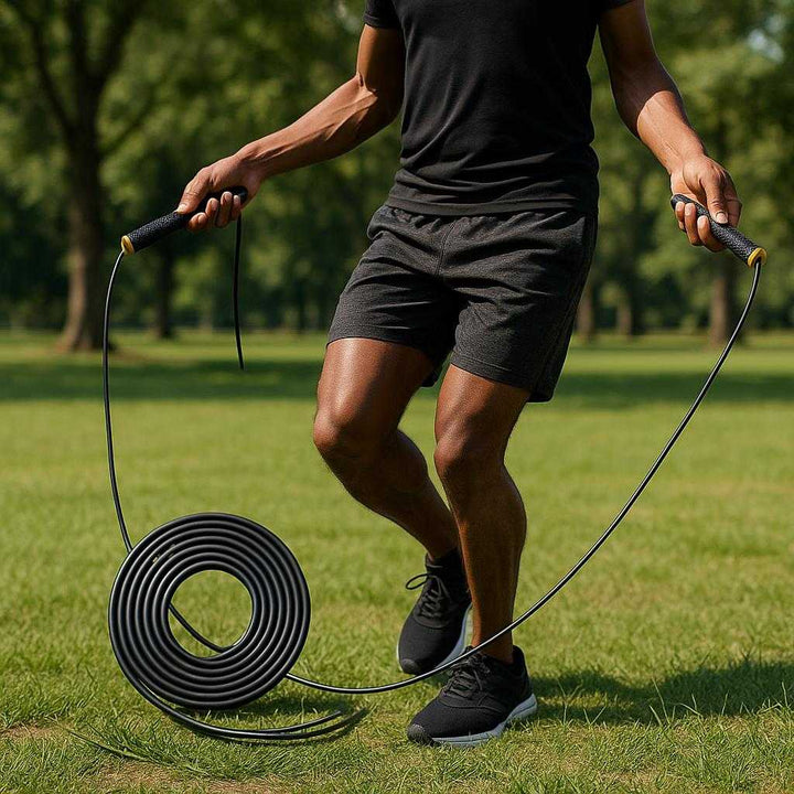 Selvlåsende sjippetov i plastik, metal og gummi - T92 Sort, T92 Grøn - Forbedrer kondition: A realistic outdoor park setting where the self-locking jump rope is properly grounded on a flat area of grass, being actively used by an athletic person skipping rope.