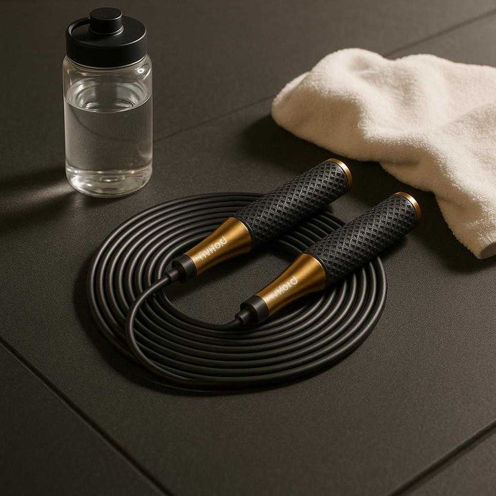 Selvlåsende sjippetov i plastik, metal og gummi - T92 Sort, T92 Grøn - Forbedrer kondition: A different realistic gym environment where the self-locking jump rope is securely positioned on a smooth rubber gym mat, naturally placed next to a water bottle and towel.