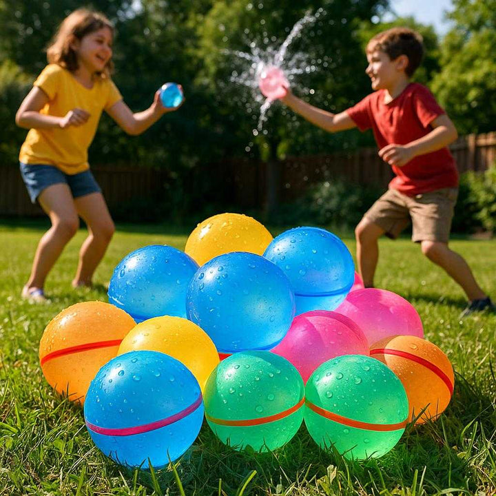 Selvlukkende Vandballoner med Hurtigfyldende Funktion - Farverig og Genanvendelig Sommerleg: A realistic backyard setting during a vibrant summer afternoon where the colorful self-sealing water balloons are properly grounded on a grassy lawn.