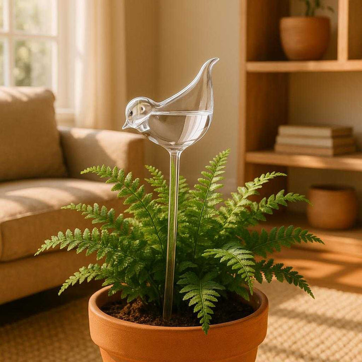 Selvvandingsfugle - Høj Kvalitet til Indendørs Planter: A cozy indoor living room setting with a large window allowing natural sunlight to flood the space.