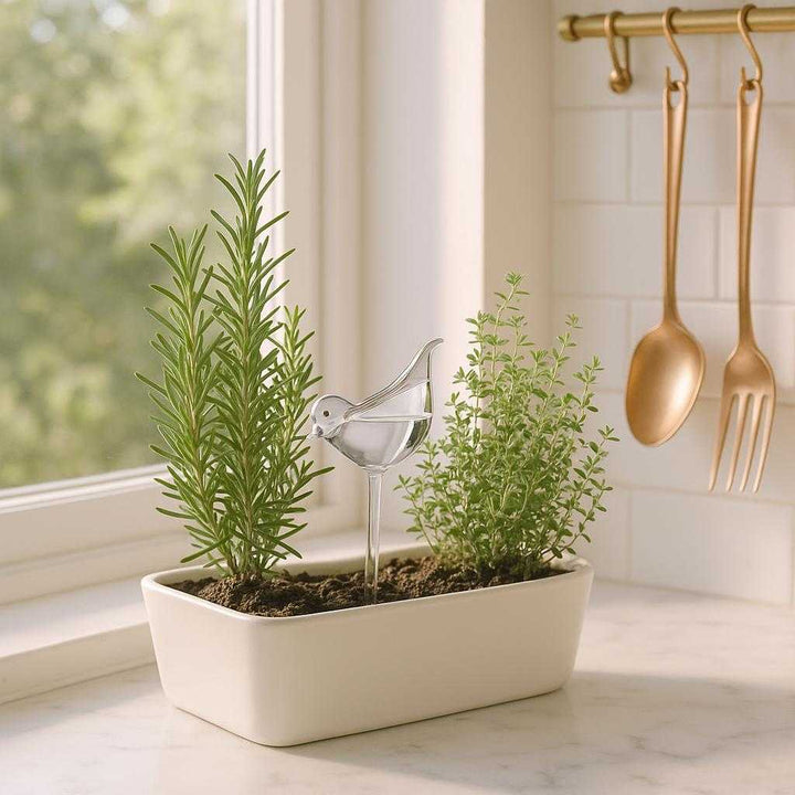 Selvvandingsfugle - Høj Kvalitet til Indendørs Planter: An inviting kitchen windowsill bathed in morning light, showing the product nestled in a small herb garden.