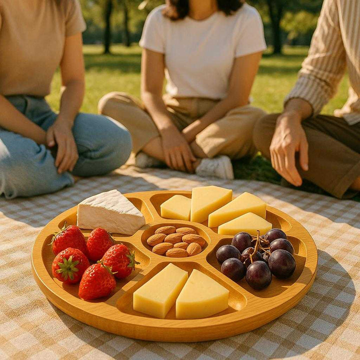 Serveringsfad i Bambus med 5 Rum – Rundt Design, Høj Kvalitet til Stilfuld Servering. The bamboo serving platter is elegantly arranged with assorted cheeses, fruits, and nuts, set on a picnic blanket in a sunny park with friends gathering around.