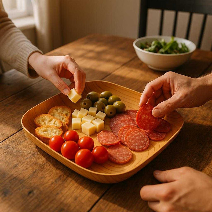 Serveringsfad i Trælook – Elegant og Alsidig Servering til Hjemmet med Naturlig Æstetik: A realistic dining room setting where the product is properly grounded on a rustic wooden dining table, being actively used as a serving tray for a delicious spread of appetizers, with hands reaching to pick foods.