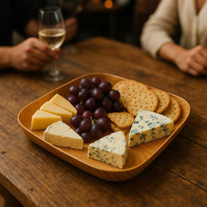 Serveringsfad i Trælook – Elegant og Alsidig Servering til Hjemmet med Naturlig Æstetik. The elegant wooden-look serving platter is artfully arranged with an assortment of cheeses, grapes, and crackers on a rustic wooden kitchen table during a lively gathering.