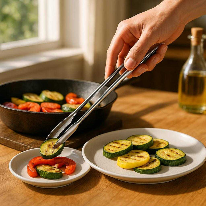 Serveringstang i Rustfrit Stål - Lille, Praktisk og Elegant i Guld Finish: A realistic kitchen setting where the stainless steel tongs are properly grounded on a wooden countertop, being actively used by a person's hand to serve grilled vegetables from a pan, with natural sunlight pouring in from a nearby window, casting realistic shadows and showing clear contact points where the tongs touch the vegetables and counter.
