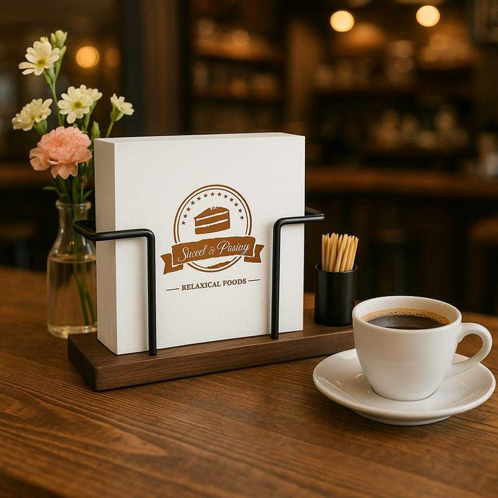 Servietholder i Elegant Træ og Metal - Høj Kvalitet og Stilfuld Opbevaring. In a cozy café setting, the sophisticated napkin holder graces the counter next to a steaming cup of coffee and a small vase of fresh flowers, enhancing the café's warm ambiance.