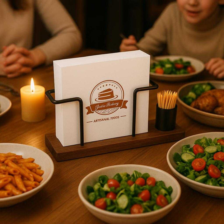 Servietholder i Elegant Træ og Metal - Høj Kvalitet og Stilfuld Opbevaring. The elegant wooden and metal napkin holder, filled with crisp white napkins, sits stylishly on a dining table during a family dinner, surrounded by delectable dishes and flickering candlelight.