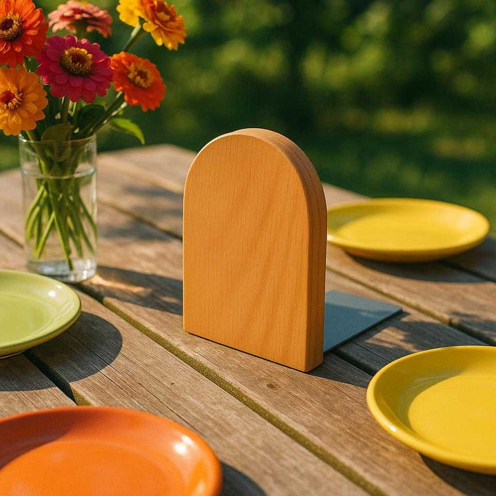 Servietholder i Valnøddetræ - Elegant og Naturlig Opbevaring til Borddækning. The napkin holder graces a sunlit outdoor picnic table, amidst colorful plates and fresh flowers, creating an inviting atmosphere for a cheerful gathering with friends.