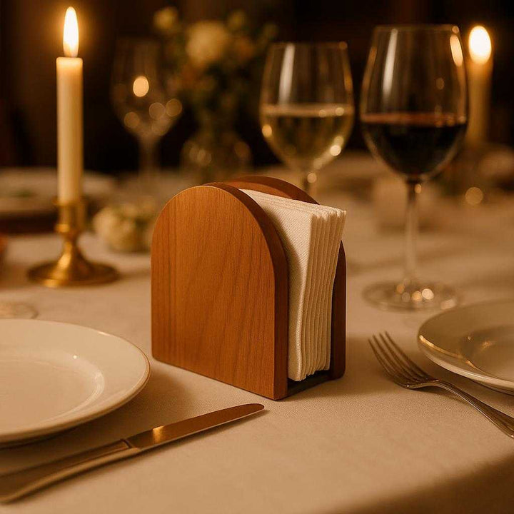 Servietholder i Valnøddetræ - Elegant og Naturlig Opbevaring til Borddækning. The walnut napkin holder is artistically positioned on an elegantly set dining table, surrounded by fine dinnerware and flickering candlelight, capturing a moment of sophistication and warmth during a festive dinner party.