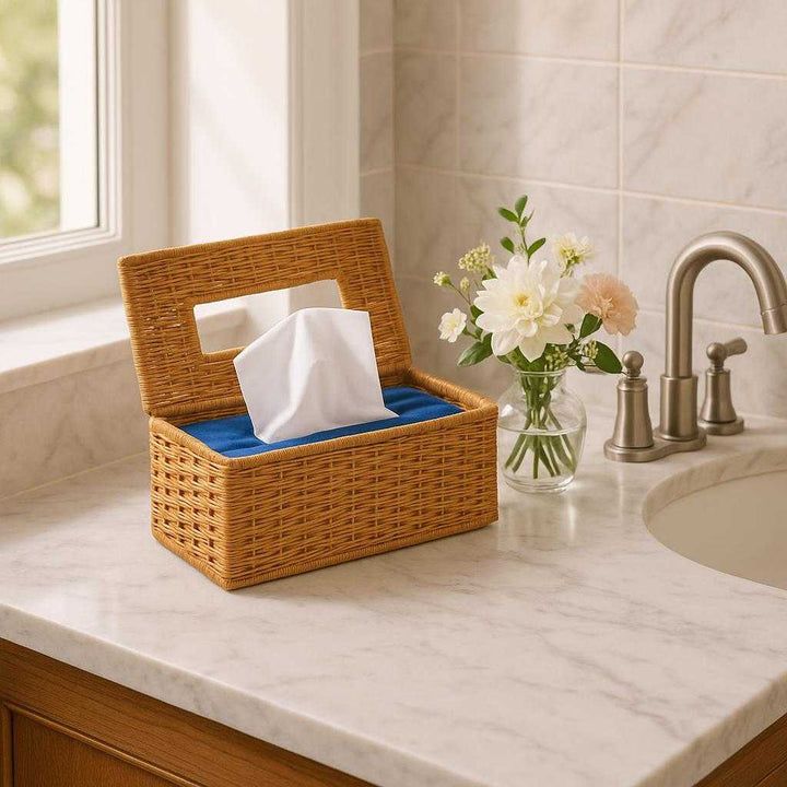 Servietæske i Flettet Rotting: Praktisk og Elegant Opbevaring til Hjemmet. In a stylish bathroom, the elegant rattan tissue box sits atop a marble countertop next to a small vase of fresh flowers, reflecting natural light from the nearby window.