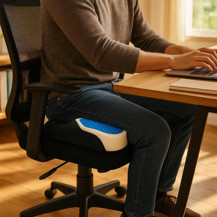 Siddepude i Sort og Blå Gel - Høj Kvalitet Ergonomisk Komfort og Støtte til Langvarig Siddetid: A realistic home office setting where the cushion is properly grounded on an ergonomic office chair, being actively used by a person working at a desk, with natural lighting streaming through a nearby window casting realistic shadows and showing clear contact points where the cushion touches the chair.