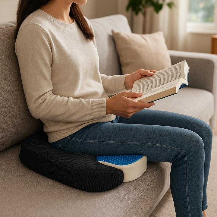 Siddepude i Sort og Blå Gel - Høj Kvalitet Ergonomisk Komfort og Støtte til Langvarig Siddetid: A different realistic setting in a modern living room where the cushion is securely positioned on a sofa, being used naturally by a person reading a book, with proper physics and natural daylight highlighting the cushion and creating believable shadows, integrating it seamlessly into the cozy environment.