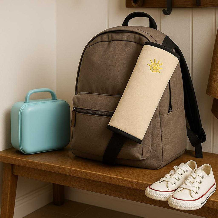 Sikkerhed Skulder Beskytter i Mikrofiber og Polstring - Beige, Grå, Blå, Lyserød: A different realistic home setting where the Sikkerhed Skulder Beskytter in beige is securely positioned on the strap of a backpack.