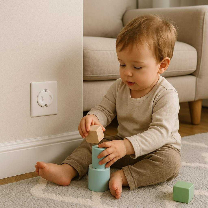 Sikkerhedsdæksler til stikkontakter - Moderne og effektiv børnesikring i hvid plast: A realistic living room with a toddler playing on the floor.