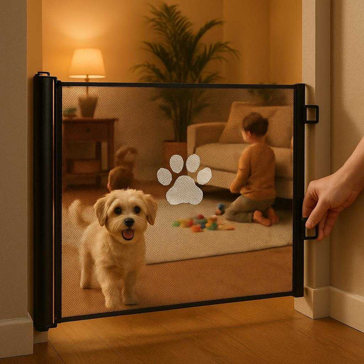 Sikkerhedsgitter - Moderne og praktisk design til at begrænse kæledyrs bevægelse, nem at installere, tilbud: A cozy living room scene with soft lighting showcasing the safety gate in use.