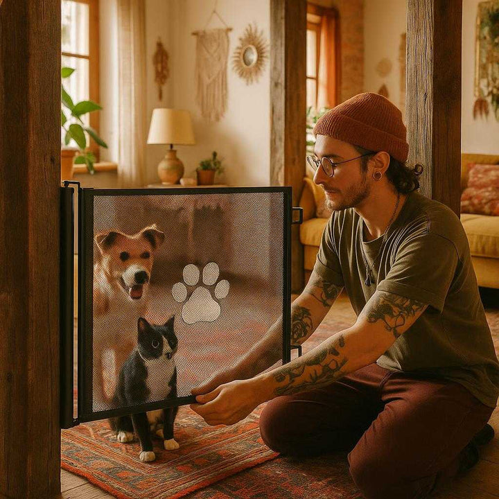 Sikkerhedsgitter - Moderne og praktisk design til at begrænse kæledyrs bevægelse, nem at installere, tilbud: In a cozy, bohemian-style living room adorned with eclectic decor and vibrant textiles, the safety gate is installed between two rustic wooden beams.