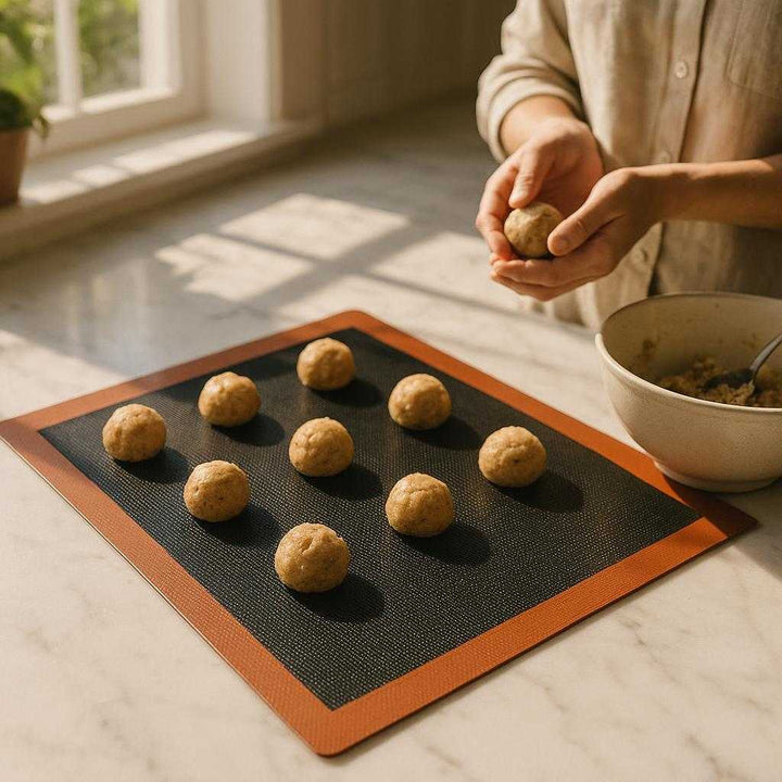Silikone Bagemåtte i Høj Kvalitet til Bagning og Madlavning - Non-Stick og Fleksibel: A realistic kitchen setting where the product is properly grounded on a marble countertop, being actively used by a person baking cookies.