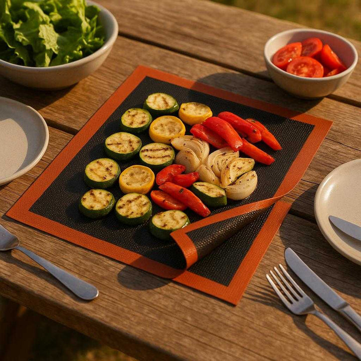 Silikone Bagemåtte i Høj Kvalitet til Bagning og Madlavning - Non-Stick og Fleksibel: A different realistic outdoor barbecue setting where the product is securely positioned on a wooden picnic table, being used to hold grilled vegetables.