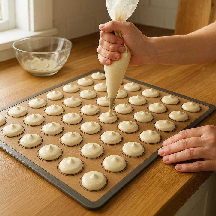 Silikone Bageunderlag: Non-Stick, Skridsikker og Genanvendelig - Tilgængelig i Grå og Rød: A realistic kitchen setting where the Silikone Bageunderlag is properly grounded on a wooden countertop, being actively used by a person's hands to prepare macarons.