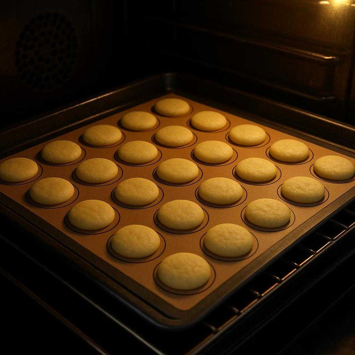 Silikone Bageunderlag: Non-Stick, Skridsikker og Genanvendelig - Tilgængelig i Grå og Rød: A different realistic baking environment where the Silikone Bageunderlag is securely positioned on a metal baking tray inside an oven.