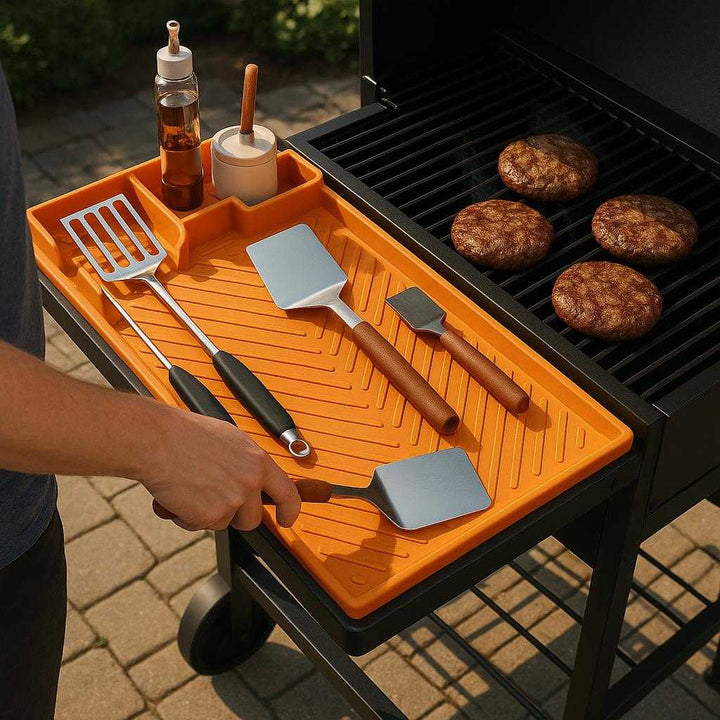 Silikone Grillredskaber Måtte - Appelsin, Sortering, G1, G2, O2, B2 - Silikone, Rustfrit Stål, Træ: A realistic outdoor patio during a summer barbecue, where the Silikone Grillredskaber Måtte is properly grounded on a sturdy outdoor grill's side table.