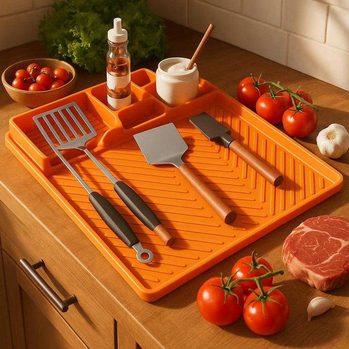 Silikone Grillredskaber Måtte - Appelsin, Sortering, G1, G2, O2, B2 - Silikone, Rustfrit Stål, Træ: A different realistic kitchen setting where the Silikone Grillredskaber Måtte is securely positioned on a wooden countertop.