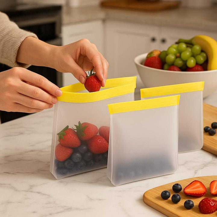 Silikone Madpose med Lynlåslukning - Genanvendelig, Tæt Opbevaring til Snacks, Frugt og Madpakker - Tilgængelig i Gul, Grøn og Orange: A realistic kitchen counter setting where the Silikone Madpose is properly grounded on a marble countertop, being actively used by a person who is filling it with fresh fruits like strawberries and blueberries.