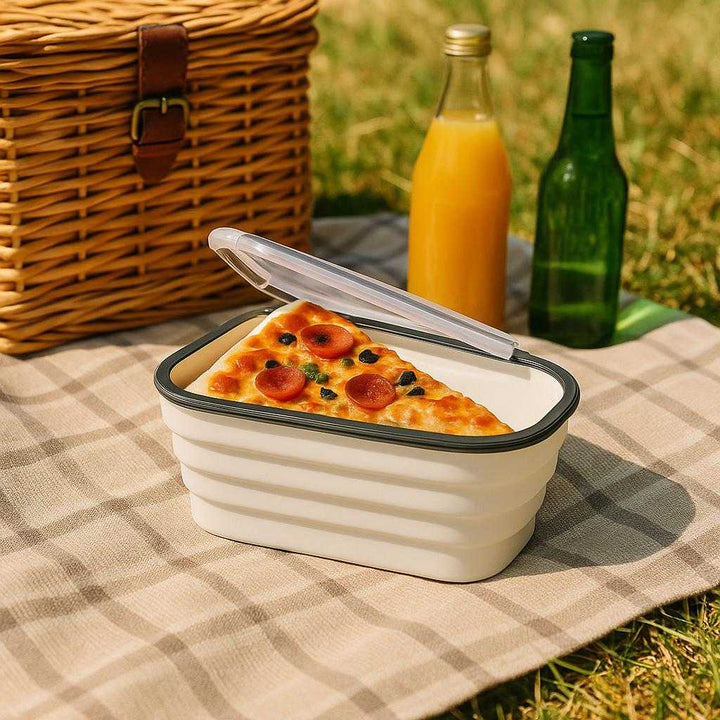 Silikone Pizza Opbevaringsbeholder - Hvid, Plastik, Silikone, Gennemsigtigt Låg, Pladsbesparende: A different realistic outdoor picnic setting where the Silikone Pizza Opbevaringsbeholder is securely positioned on a picnic blanket, placed naturally beside a picnic basket and drinks.