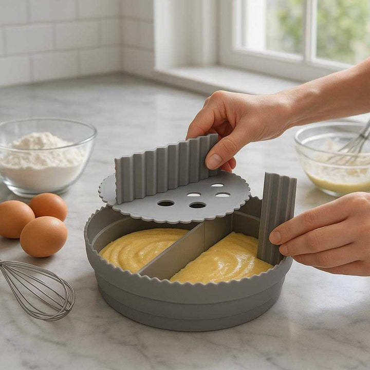 Silikoneform Rund med Opdeler til Perfekt Bagning - Høj Kvalitet og Fleksibilitet: A realistic modern kitchen setting where the 'Silikoneform Rund med Opdeler til Perfekt Bagning' is properly grounded on a pristine marble countertop, being actively used by a person's hands to prepare a perfectly divided cake mixture.