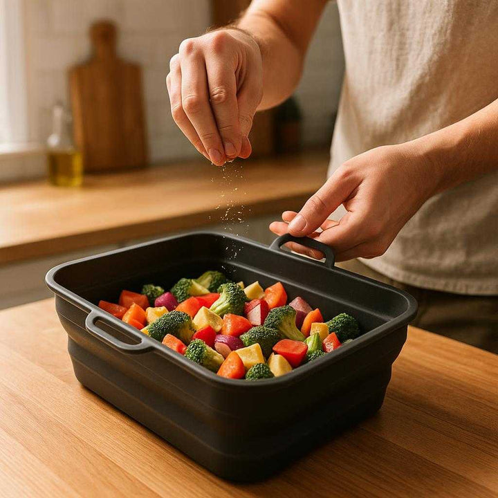 Silikoneform til Airfryer - Høj Kvalitet og Fleksibilitet til Madlavning og Bagning: A realistic kitchen setting where the silicone air fryer form is properly grounded on a wooden kitchen counter, being actively used by a person to prepare vegetables for air frying.