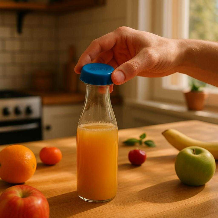 Silikonelåg i Moderne Design - Genanvendelige og Praktiske - Tilgængelige i 6 Farver. A cozy kitchen setting, where the silicone lid in deep blue is accurately integrated, sealing a half-empty bottle of juice on a wooden countertop. The kitchen is filled with warm morning light streaming through a nearby window, creating soft shadows. Fresh fruits are scattered around, enhancing the feeling of freshness and practicality, as a hand reaches for the bottle, ready to pour a drink.