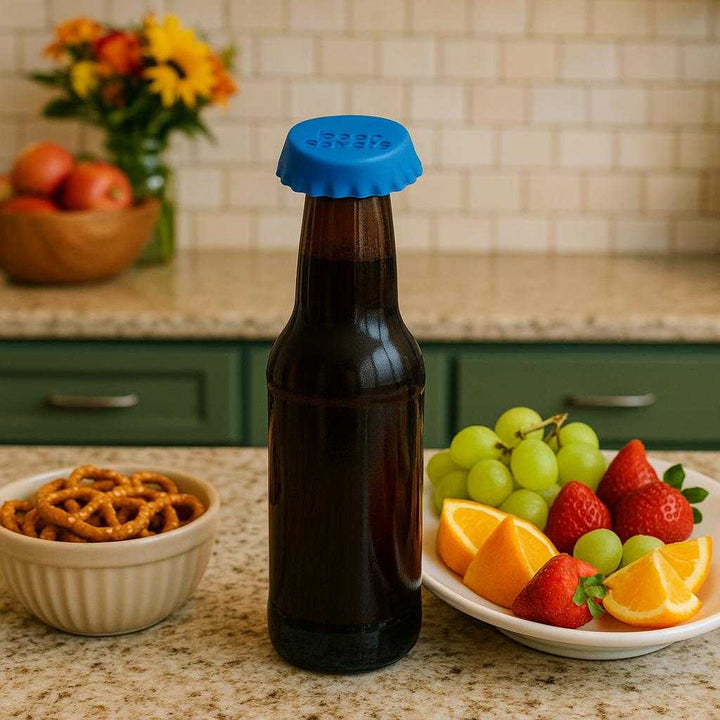 Silikonelåg i Moderne Design - Genanvendelige og Praktiske - Tilgængelige i 6 Farver. The silicone lid is showcased in a vibrant kitchen environment, preserving the freshness of a beverage alongside a spread of colorful fruits and snacks, ready for a cozy indoor gathering.