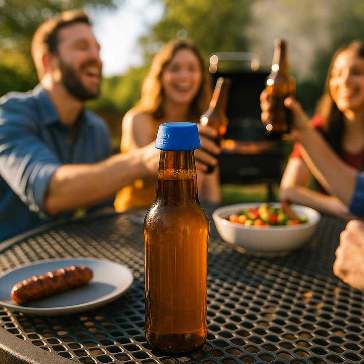 Silikonelåg i Moderne Design - Genanvendelige og Praktiske - Tilgængelige i 6 Farver. The silikonelåg is stylishly sealing a half-opened bottle of craft beer on a patio table during a sunlit barbecue, where friends laugh and toast to good times.