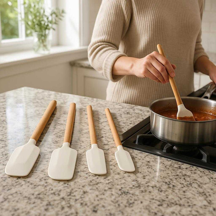 Silikonespatler i 4 dele - Varmebestandige og fødevaregodkendte køkkenredskaber i moderne design: A realistic modern kitchen setting where the silicone spatulas are grounded on a granite countertop, being actively used by a person stirring a pot of sauce on the stove.