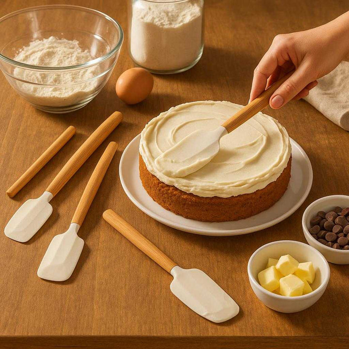 Silikonespatler i 4 dele - Varmebestandige og fødevaregodkendte køkkenredskaber i moderne design: A home baking scene where the silicone spatulas are securely positioned beside a mixing bowl on a wooden kitchen table.