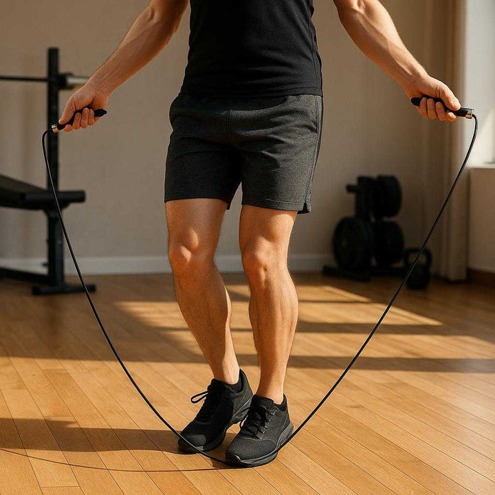 Sjippetov med Ergonomiske Håndtag, Justerbar Længde og Høj Kvalitet til Crossfit og Børn: A realistic home gym setting where the product is properly grounded on a wooden floor, being actively used by a person in athletic wear performing jump rope exercises.