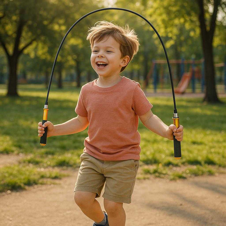Sjippetov med Ergonomiske Håndtag, Justerbar Længde og Høj Kvalitet til Crossfit og Børn. A young child joyfully uses the adjustable jump rope with comfortable ergonomic handles in a sunny park setting, surrounded by trees and playground equipment.