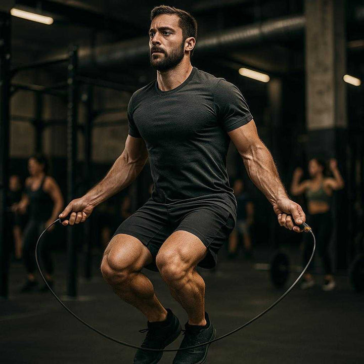 Sjippetov med Ergonomiske Håndtag, Justerbar Længde og Høj Kvalitet til Crossfit og Børn. The jump rope with ergonomic handles is mid-motion as a person uses it during an intense CrossFit workout in a bustling gym environment.