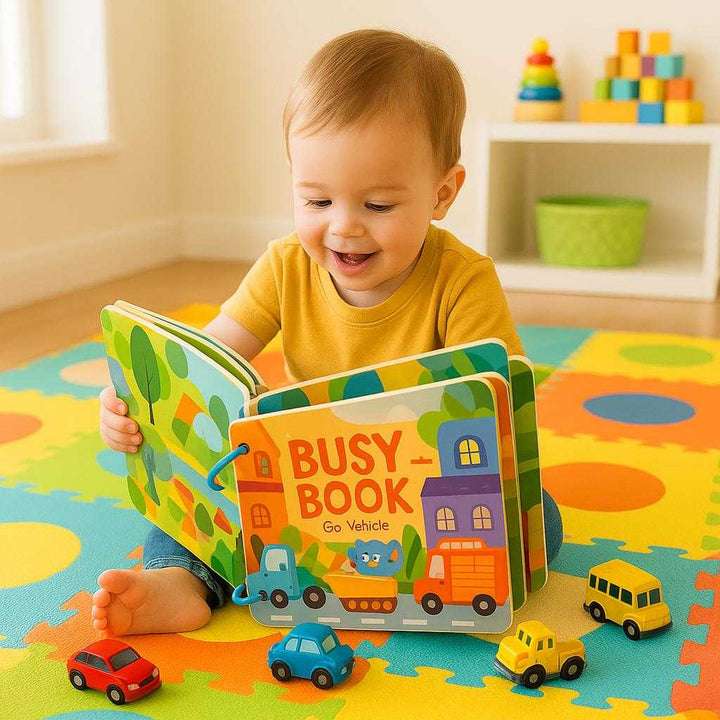 Sjov og lærerig aktivitetsbog til børn - Oplev verden af køretøjer i farverige illustrationer. A child sits on a colorful play mat eagerly flipping through the 'Sjov og lærerig aktivitetsbog til børn - Oplev verden af køretøjer i farverige illustrationer' surrounded by toy cars and trucks, illustrating a fun learning moment in a bright playroom.