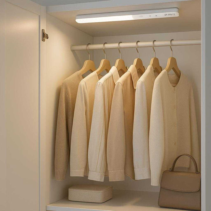 Skabslys med Sensor og Genopladeligt Batteri - Moderne LED-lys Bar til Indendørs Brug, Justerbar Lysstyrke, Energi-Effektiv: A modern wardrobe space, where the Skabslys LED light bar is seamlessly integrated into a sleek white closet interior.