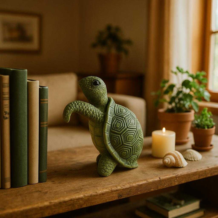 Skildpadde Figurine i Grøn og Sort - Dekorativt Element til Hjemmet eller Akvariet: A cozy, warmly lit living room setting with a rustic wooden shelf adorned with books and small plants.