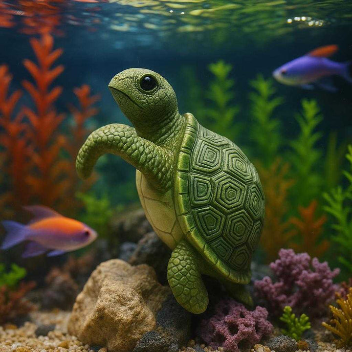 Skildpadde Figurine i Grøn og Sort - Dekorativt Element til Hjemmet eller Akvariet: An underwater-themed aquarium environment with vibrant aquatic plants and colorful fish gliding by.