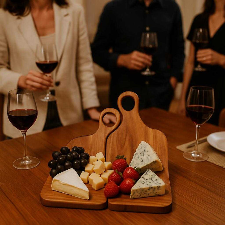 Skærebræt i Akacietræ: Sæt med To Brætter, Ideel til Madlavning og Servering, Holdbart og Nemt at Rengøre. The boards are artfully set on a dining table, topped with an assortment of gourmet cheeses and fruits, as guests mingle during an elegant wine and cheese gathering.