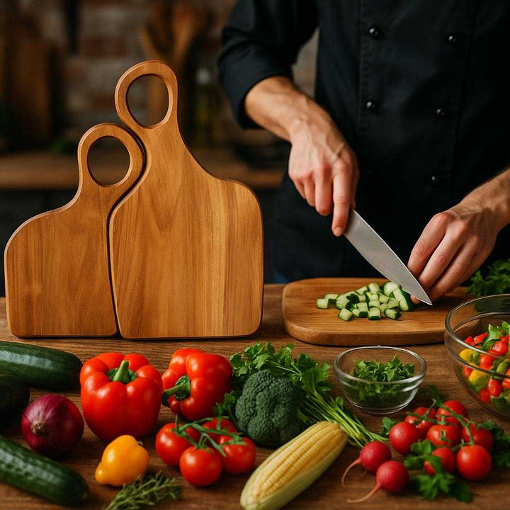 Skærebræt i Akacietræ: Sæt med To Brætter, Ideel til Madlavning og Servering, Holdbart og Nemt at Rengøre. The cutting boards are beautifully arranged on a rustic kitchen island, surrounded by colorful fresh vegetables and herbs, with a chef skillfully chopping and preparing a vibrant salad.