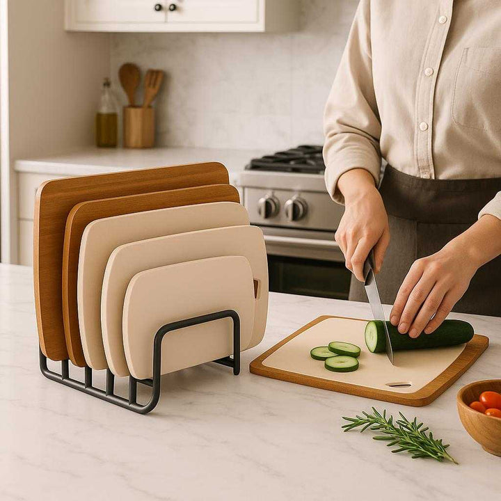 Skærebrætholder i Sort Metal – Professionel og Pladsbesparende Opbevaring med Høj Kvalitet. In a modern kitchen, the black metal cutting board holder neatly organizes a variety of cutting boards on a marble countertop, with a chef preparing ingredients nearby.