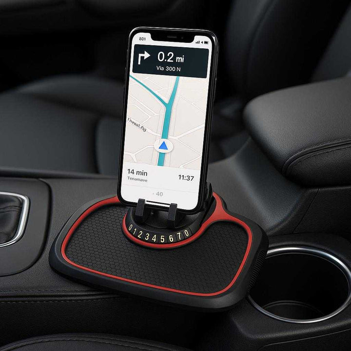 Skridsikker Mobilholder til Bilen - Justerbar og Praktisk Telefonholder i Høj Kvalitet: A different realistic car setting where the product is securely positioned on the center console, being naturally placed next to a cup holder, with a phone already mounted for navigation, displaying realistic physics, shadows, and seamless integration into the vehicle's interior design.