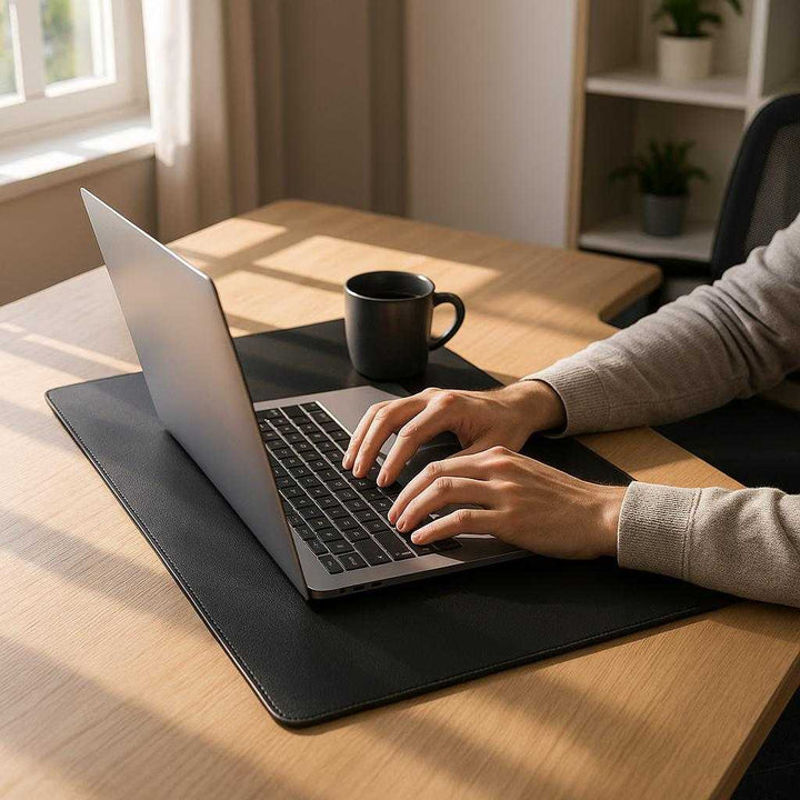 Skrivebordsmåtte i læder - Moderne design, nem at rengøre, anti-træthed, tilgængelig i 7 farver: A realistic modern home office setting where the leather desk mat is properly grounded on a sleek wooden desk, being actively used with a laptop and a coffee mug placed atop, a person comfortably typing on the keyboard.